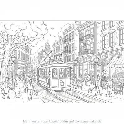 Straßenbahn Ausmalbild in belebter Stadtstraße