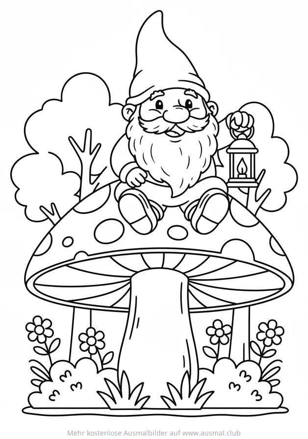 Gnom sitzt auf Fliegenpilz mit Laterne Ausmalbild