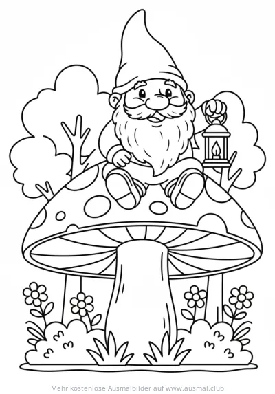 Gnom sitzt auf Fliegenpilz mit Laterne Ausmalbild