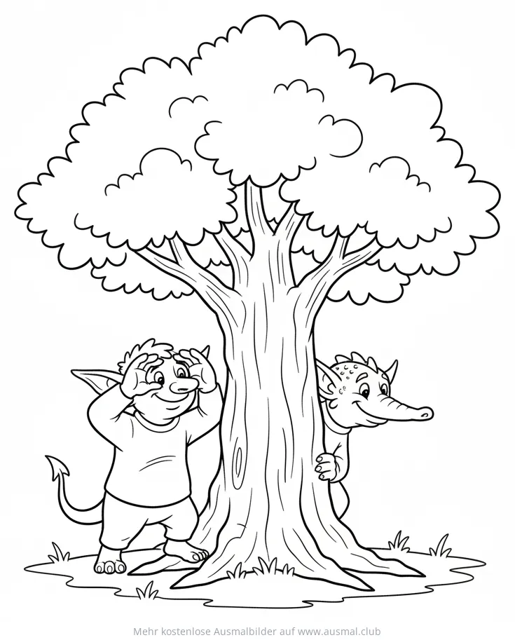 Zwei Kobolde verstecken sich hinter einem Baum Ausmalbild