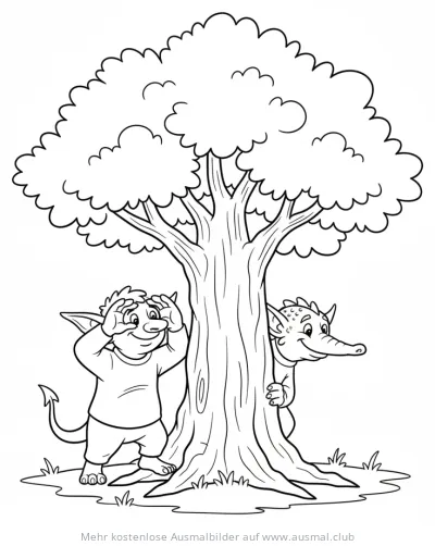 Zwei Kobolde verstecken sich hinter einem Baum Ausmalbild