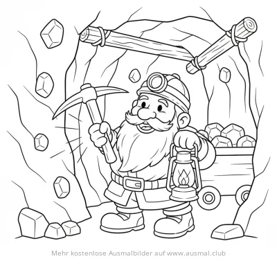 Zwerg in Mine mit Spitzhacke und Lampe Ausmalbild