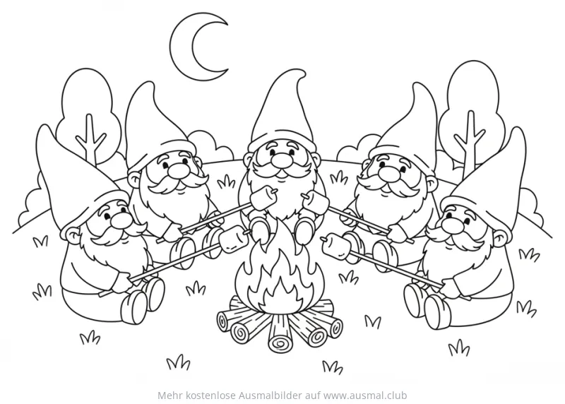 Zwerge sitzen am Lagerfeuer und grillen Marshmallows Ausmalbild