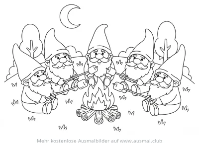 Zwerge sitzen am Lagerfeuer und grillen Marshmallows Ausmalbild