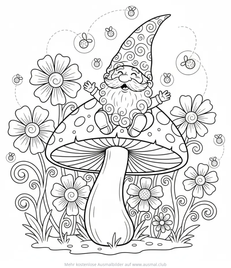 Gnom sitzt auf Pilz zwischen Blumen Ausmalbild