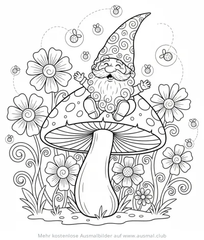Gnom sitzt auf Pilz zwischen Blumen Ausmalbild