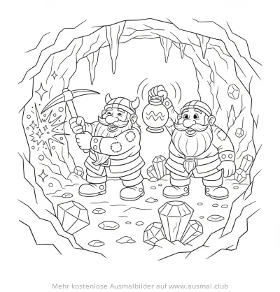 Zwei Zwerge im Bergwerk mit Spitzhacke und Lampe Ausmalbild