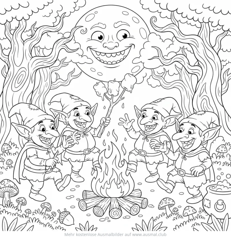 Zwerge und Lagerfeuer Ausmalbild mit lachendem Mond