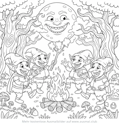 Zwerge und Lagerfeuer Ausmalbild mit lachendem Mond