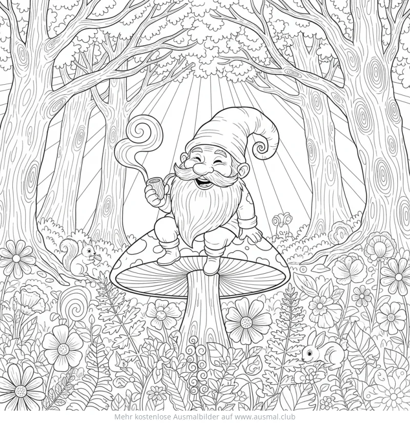 Gnom sitzt auf Pilz im Wald Ausmalbild