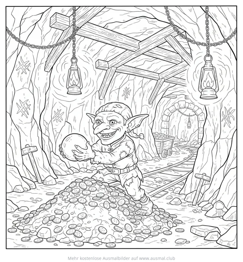 Kobold steht auf Goldhaufen in Mine, Ausmalbild