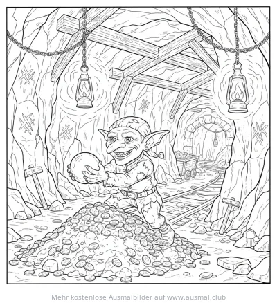 Kobold steht auf Goldhaufen in Mine, Ausmalbild