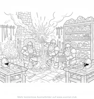 Zwerge in einer Schmiede beim Schwertschmieden Ausmalbild