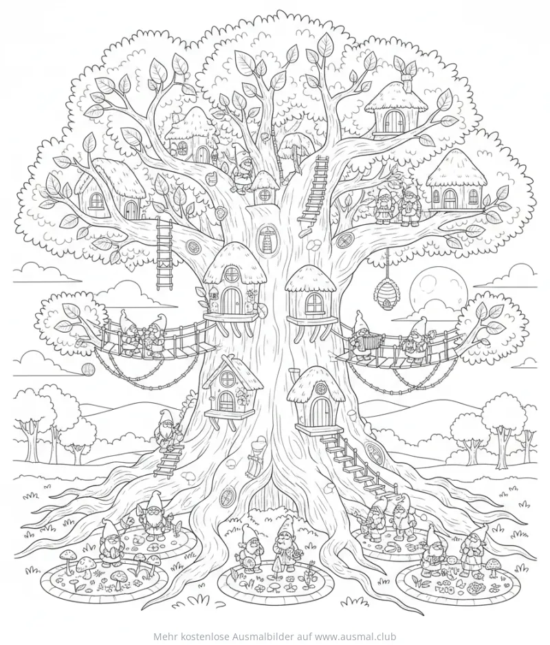 Zwergendorf Ausmalbild mit Baumhäusern und Zwergen