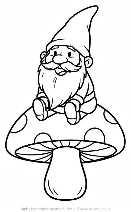 Gnom mit Bart sitzt auf Fliegenpilz Ausmalbild