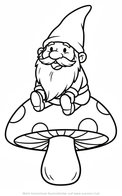 Gnom mit Bart sitzt auf Fliegenpilz Ausmalbild