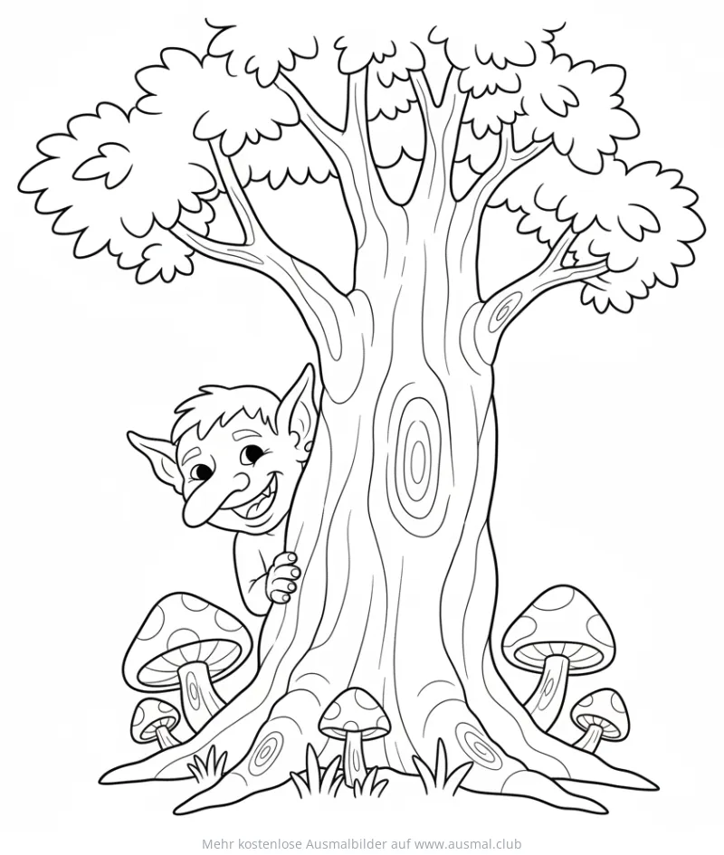 Kobold versteckt sich hinter Baum, Ausmalbild