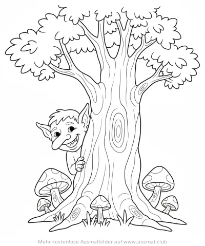 Kobold versteckt sich hinter Baum, Ausmalbild