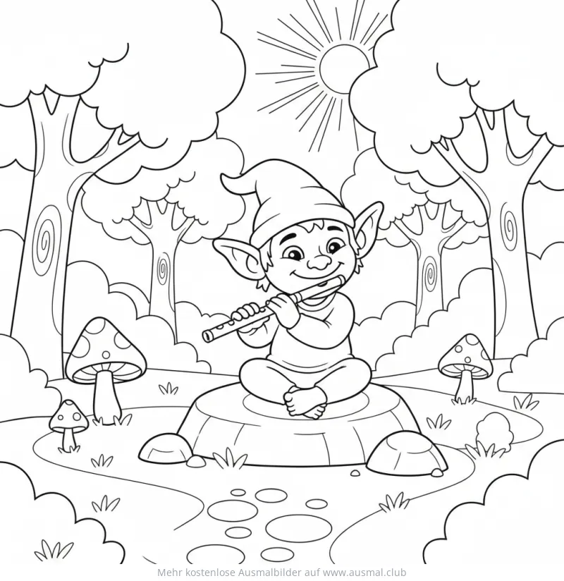 Kobold spielt Flöte im Wald Ausmalbild