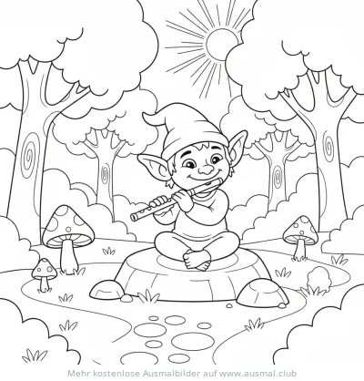 Kobold spielt Flöte im Wald Ausmalbild