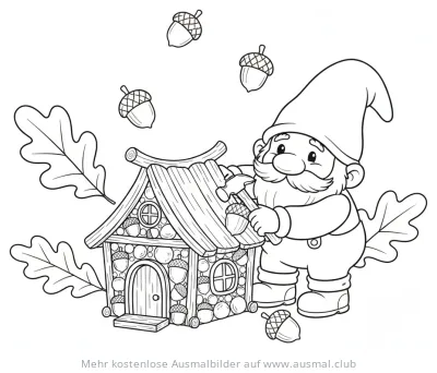 Gnom repariert Haus mit Eicheln Ausmalbild