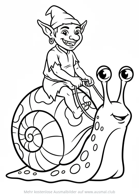 Kobold reitet auf großer Schnecke Ausmalbild