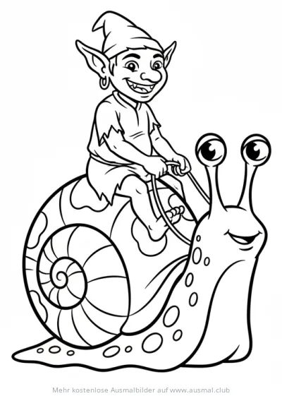 Kobold reitet auf großer Schnecke Ausmalbild