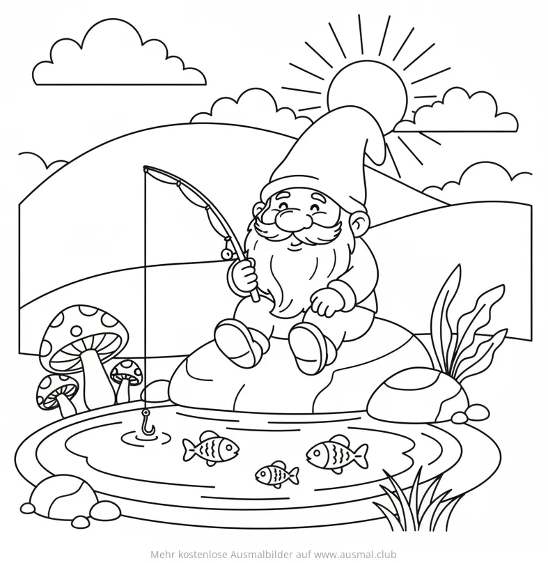 Gnom sitzt am Teich und angelt Ausmalbild