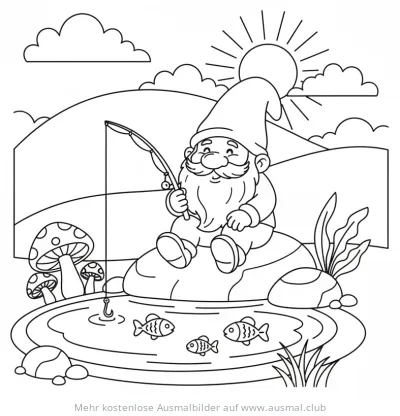 Gnom sitzt am Teich und angelt Ausmalbild