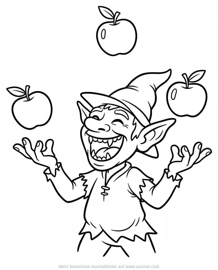Kobold jongliert mit Äpfeln Ausmalbild