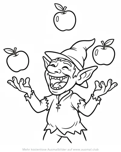Kobold jongliert mit Äpfeln Ausmalbild