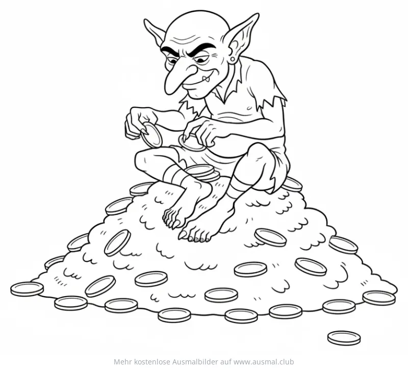 Kobold sitzt auf Goldhaufen und zählt Münzen Ausmalbild