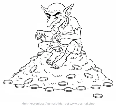 Kobold sitzt auf Goldhaufen und zählt Münzen Ausmalbild
