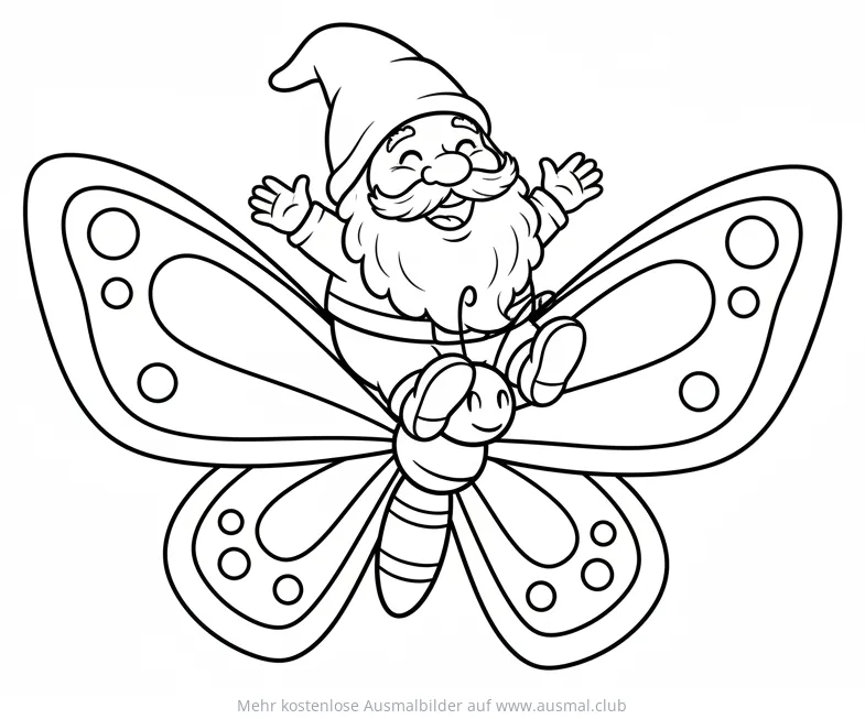 Gnom reitet auf Schmetterling Ausmalbild