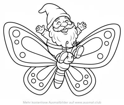 Gnom reitet auf Schmetterling Ausmalbild