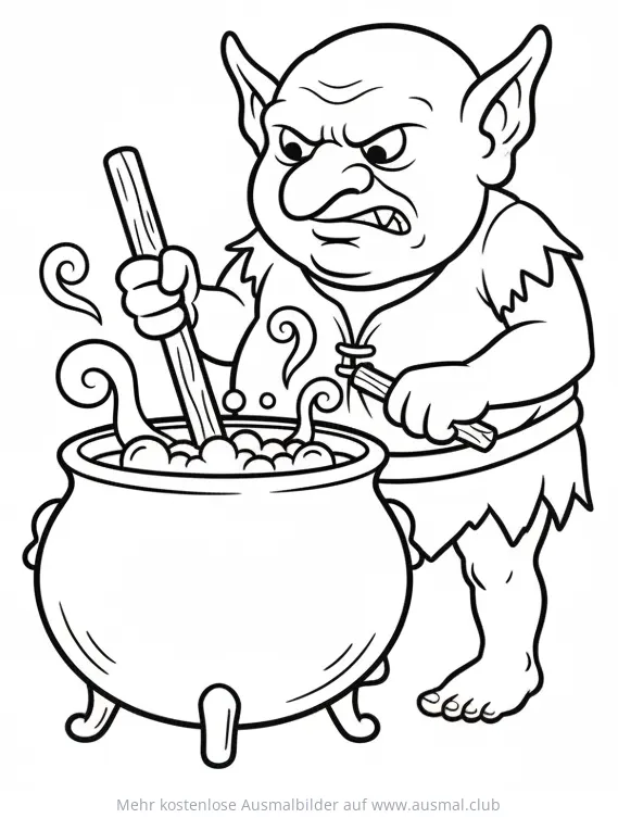Grimmiger Kobold braut Trank im Kessel Ausmalbild