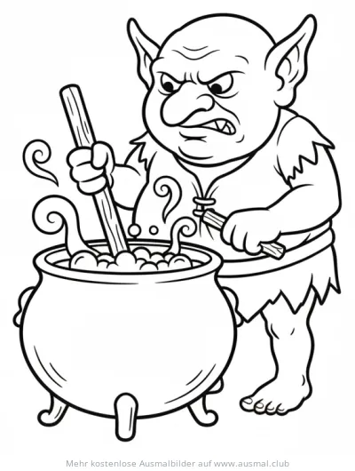 Grimmiger Kobold braut Trank im Kessel Ausmalbild