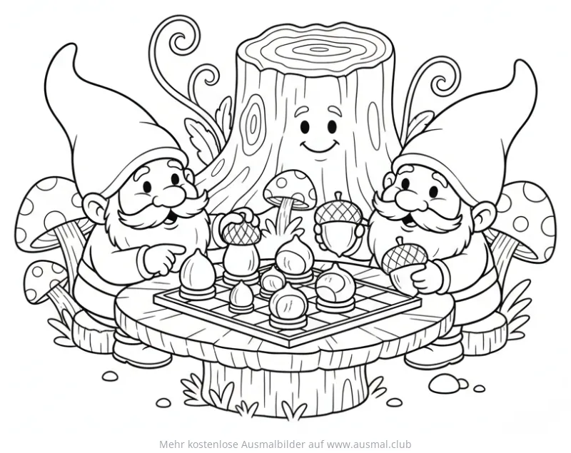 Zwerge spielen Schach mit Eicheln und Pilzen Ausmalbild