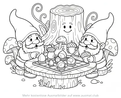 Zwerge spielen Schach mit Eicheln und Pilzen Ausmalbild