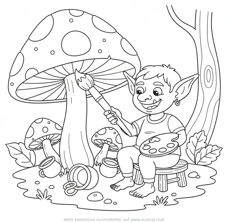 Kobold bemalt Pilz mit Punkten Ausmalbild
