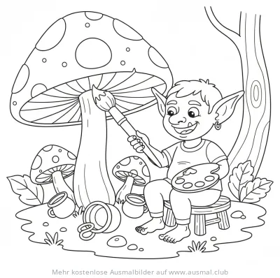 Kobold bemalt Pilz mit Punkten Ausmalbild