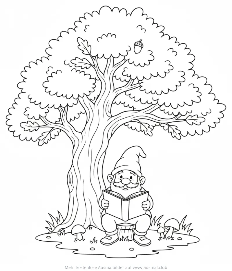 Gnom sitzt unter Baum und liest Buch Ausmalbild