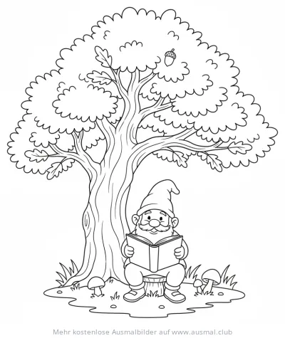 Gnom sitzt unter Baum und liest Buch Ausmalbild