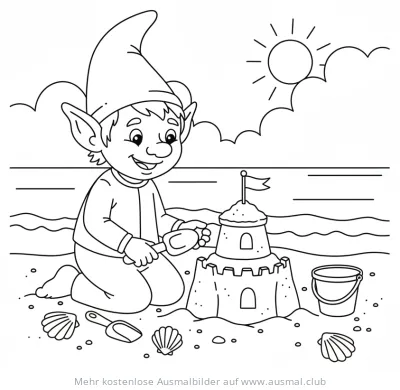 Kobold baut Sandburg am Strand Ausmalbild