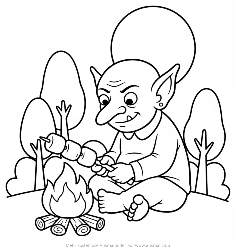 Kobold grillt Marshmallows am Lagerfeuer Ausmalbild