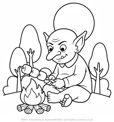 Kobold grillt Marshmallows am Lagerfeuer Ausmalbild