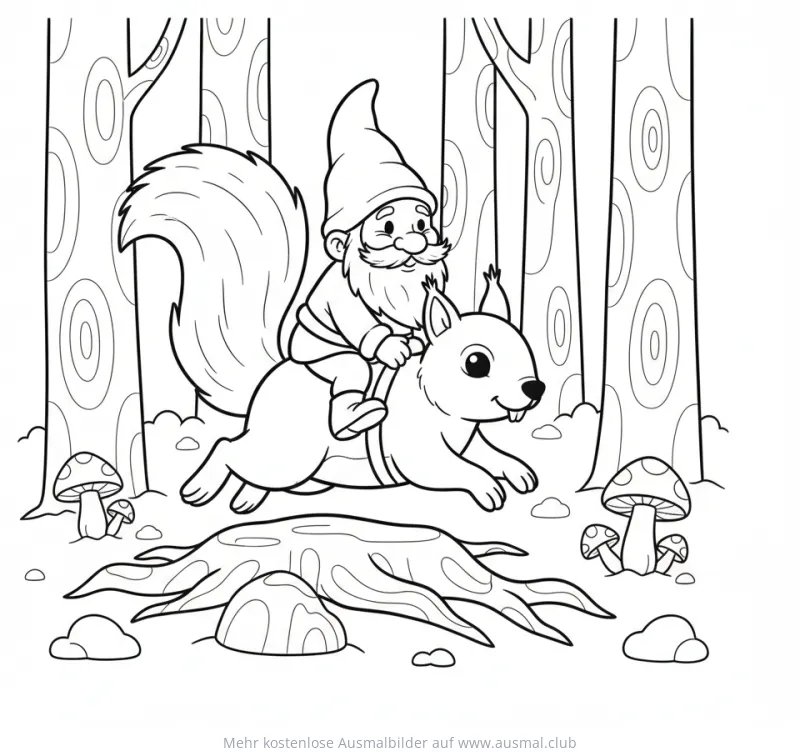 Gnom reitet auf Eichhörnchen Ausmalbild im Wald