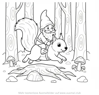 Gnom reitet auf Eichhörnchen Ausmalbild im Wald