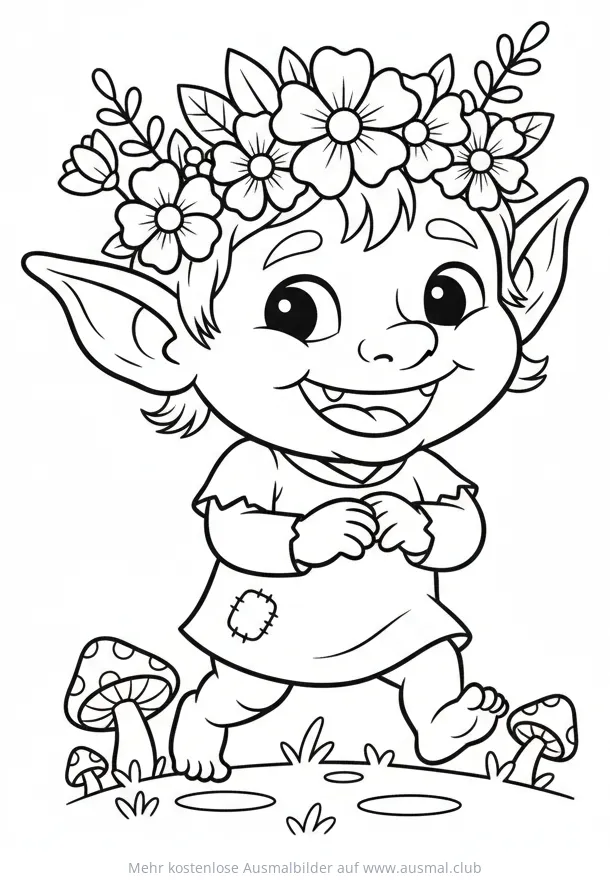 Kobold mit Blumenkranz Ausmalbild auf einer Wiese