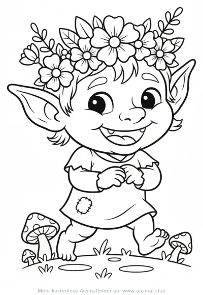 Kobold mit Blumenkranz Ausmalbild auf einer Wiese
